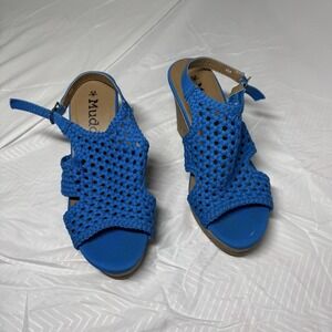 Mudd Peep-Toe Blue Platform Cork Wedge Sandals Womens Boho US Size 7.5 M Used